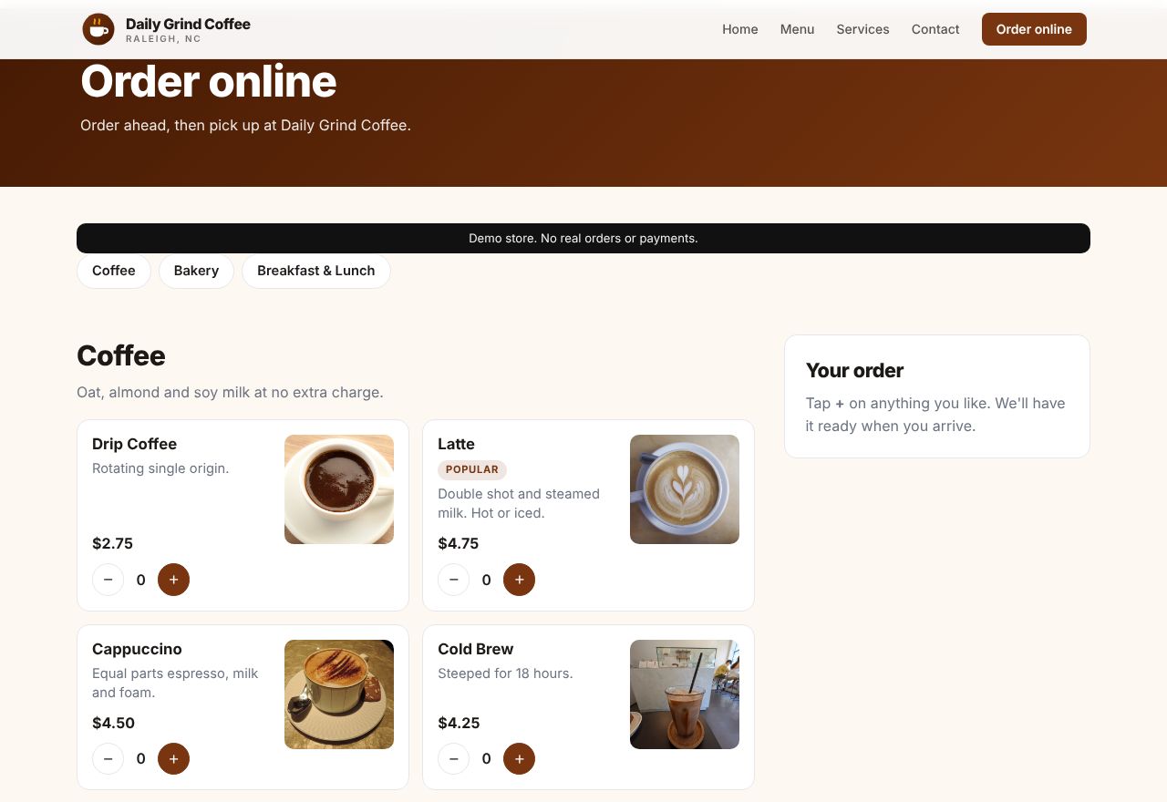 Online ordering on Daily Grind Coffee, an example café & coffee shop website