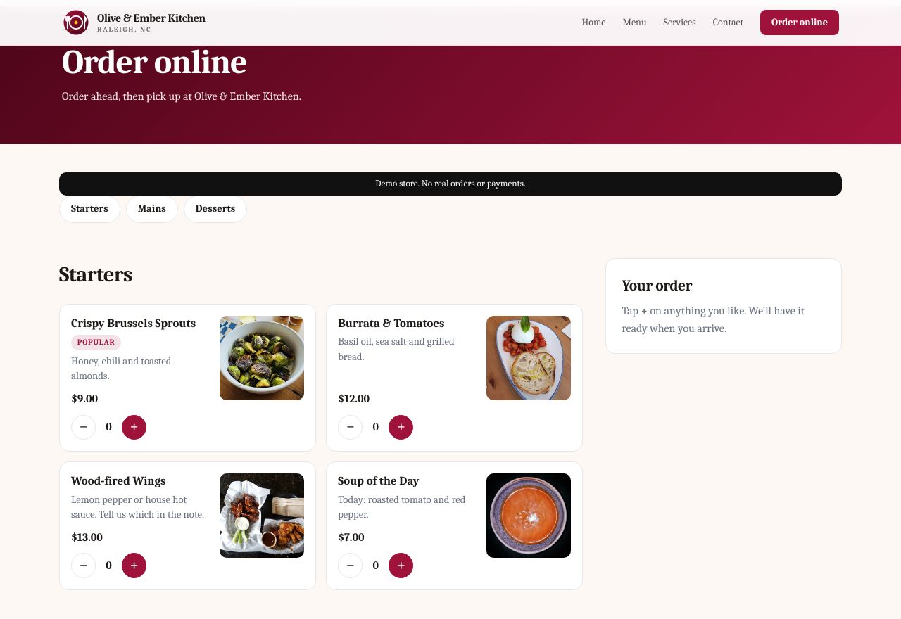 Online ordering on Olive & Ember Kitchen, an example restaurant website