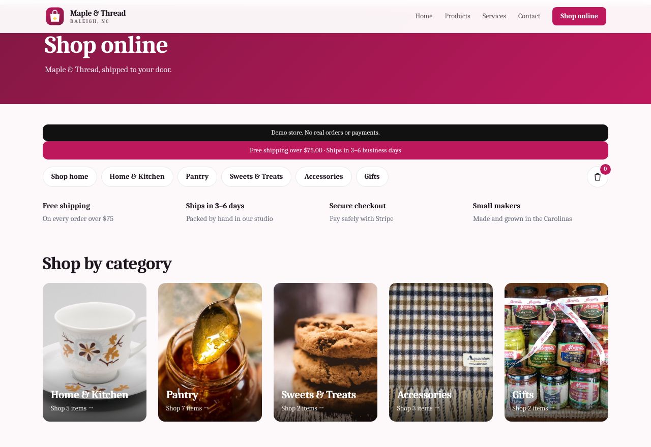 Online ordering on Maple & Thread, an example shop & boutique website