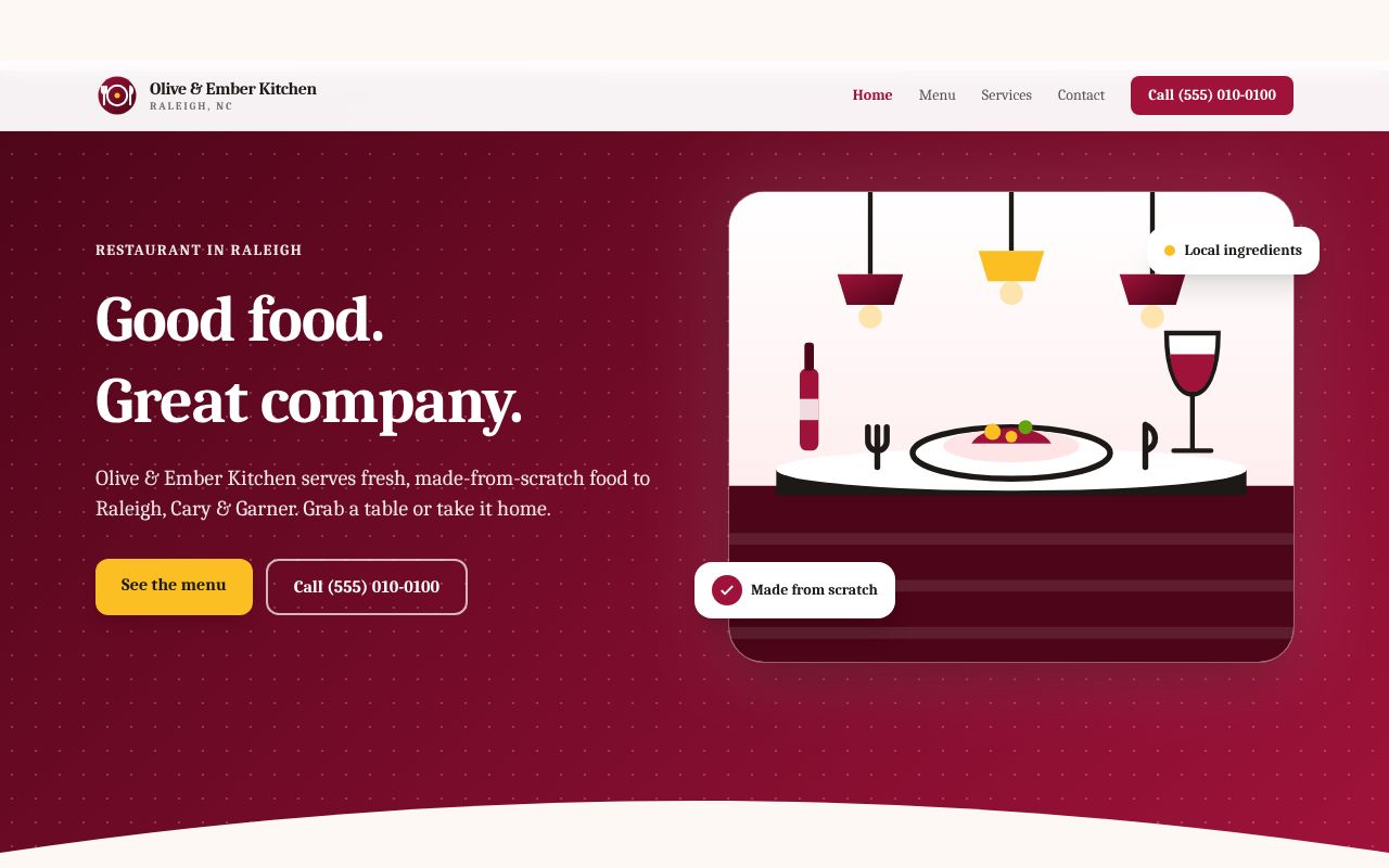 Olive & Ember Kitchen, an example restaurant website